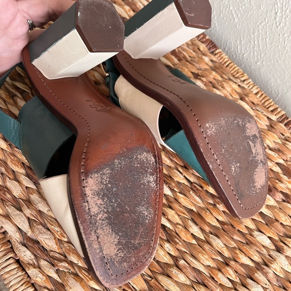 Tory Burch teal green white cream Colorblock Heel geometric sandal sling back 8 - Picture 7 of 10